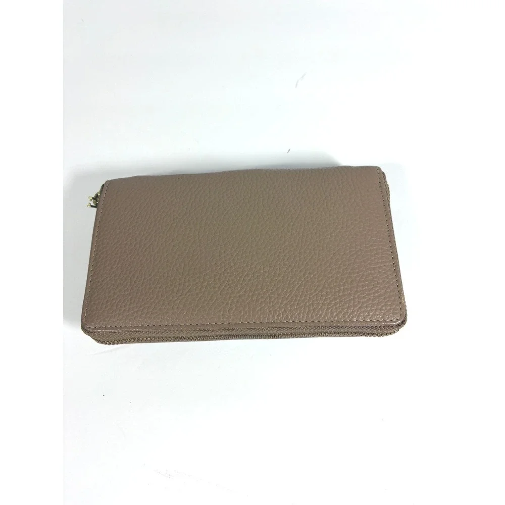 J.W. Hulme Co. Brown Pebbled Leather Horsebit Zip Around Wallet Pink Blue Stripe